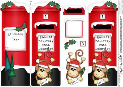 Xmas Chunky Monkey Postbox Shaped Card N 3D Decoupage