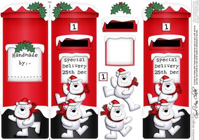 Xmas Polar Bears Postbox Shaped Card N 3D Decoupage