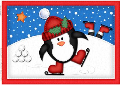 A4 Xmas Skating Penguin Felties Card Topper