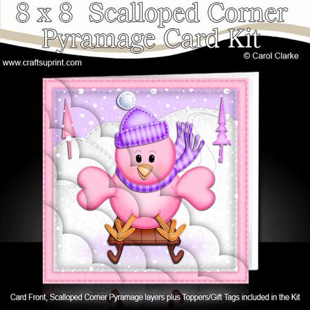 8 x 8 Xmas Sledging Birdie Card Kit with Scalloped Corners