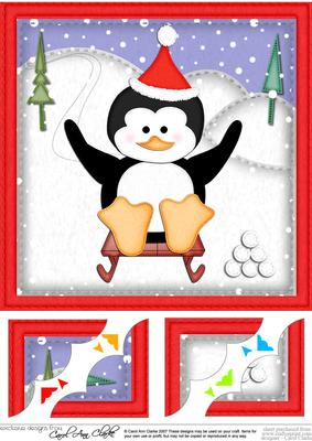 8 x 8 Xmas Sledging Penguin Scalloped Corner Topper