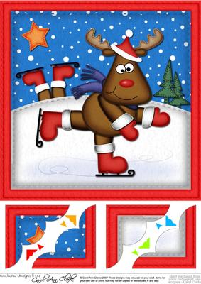 8 x 8 Xmas Skating Rudolph Scalloped Corner Topper