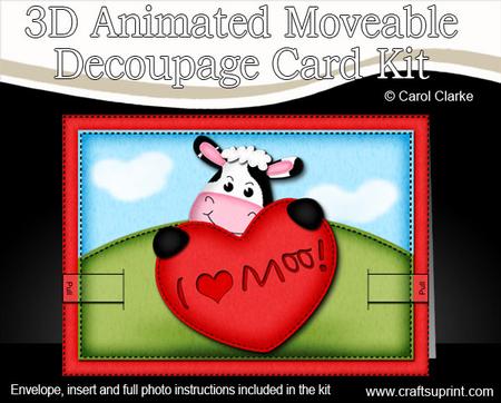 3D Milly Moo Cow's Heart Animated Moveable Decoupage Card Ki
