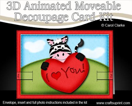 3D Debra Zebra's Heart Animated Moveable Decoupage Card Kit