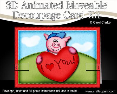 3D Ziggy Piggy's Heart Animated Moveable Decoupage Card Kit