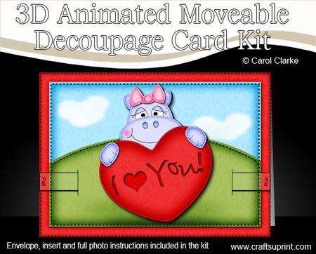 3D Hilda Hippo's Heart Animated Moveable Decoupage Card Kit