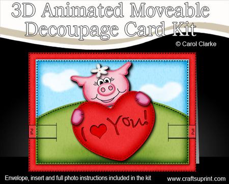 3D Zoe Piggy's Heart Animated Moveable Decoupage Card Kit