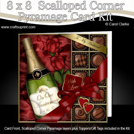 8 x 8 Husband Anniv Champers Chocs N Roses Scalloped Corner