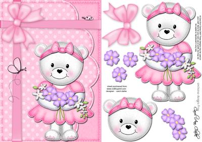 A5 Teddy Tess's Flowers Quick Card N 3D Decoupage