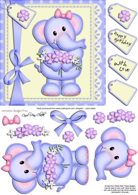 Lola Elephant's Flowers Quick Card N 3D Decoupage