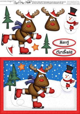 A5 Xmas Skating Rudolph Quick Card N 3D Decoupage