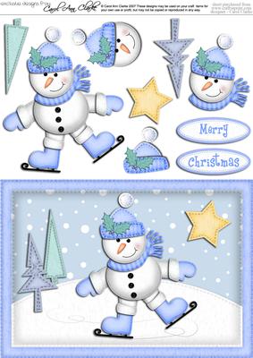 A5 Xmas Skating Snowman Quick Card N 3D Decoupage