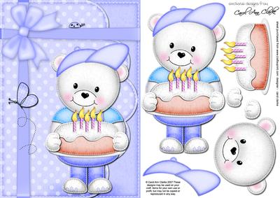 A5 Teddy Ed's Birthday Cake Quick Card N 3D Decoupage