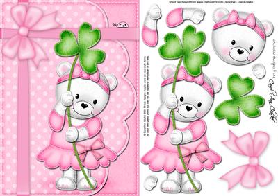 A5 Teddy Tess's Good Luck Clover Quick Card N 3D Decoupage