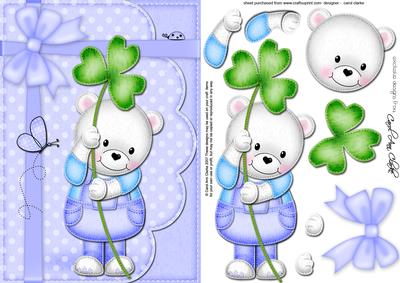 A5 Teddy Ed's Good Luck Clover Quick Card N 3D Decoupage