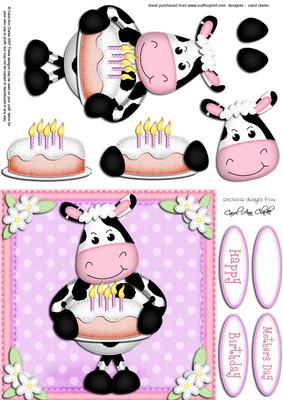 Milly Moo Cow's Birthday Cake Quick Card N 3D Decoupage
