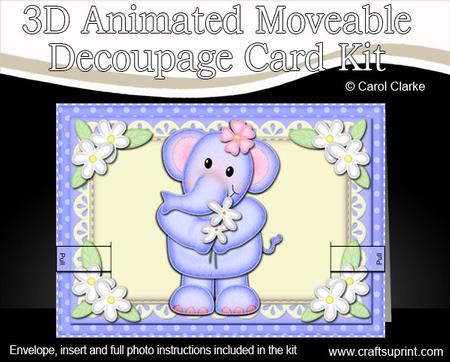 3D Lola Elephant Animated Moveable Decoupage Card Kit