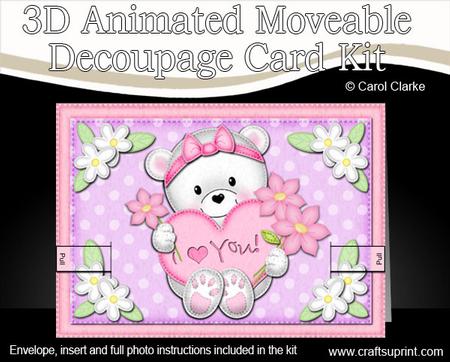 3D Teddy Tess's Heart Animated Moveable Decoupage Card Kit