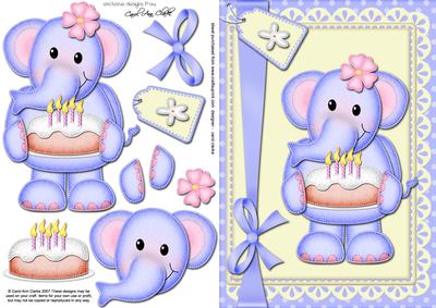 A5 Lola Elephants Birthday Cake Quick Card N 3D Decoupage