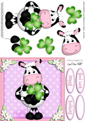 Milly Moo Cow's Good Luck Clover Quick Card N 3D Decoupage