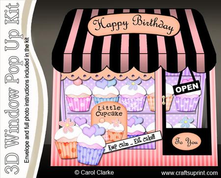 3D Cupcakes Shoppe Window Pop Up Card Decoupage N Envelope