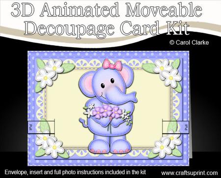 3D Lola Elephant's Flowers Animated Moveable Decoupage Card