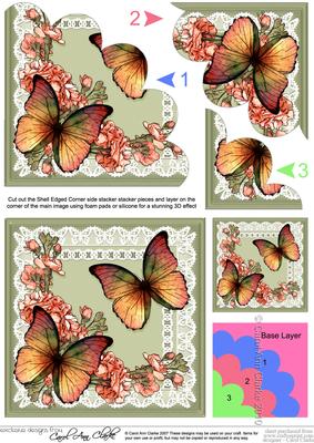 Butterflies and Flowers on Lace Shell Edged Corner Stacker