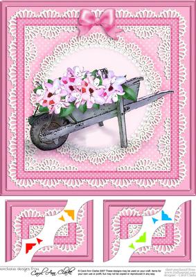 8 x 8 Flower Filled Wheelbarrow Scalloped Corner Topper