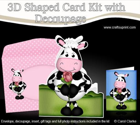 3D Milly Moo Cow's Rose Shaped Card Decoupage N Envelope