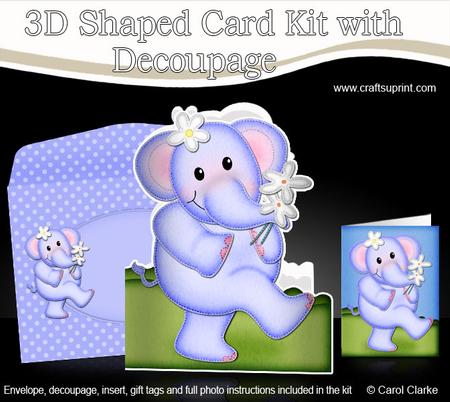 3D Lola Elephant's Flowers Shaped Card Decoupage N Envelope