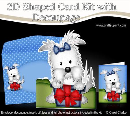3D Jock Westie's Present Shaped Card Decoupage N Envelope