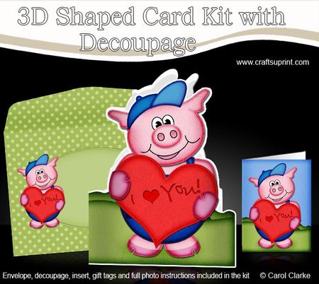 3D Ziggy Piggy's Heart Shaped Card Decoupage N Envelope
