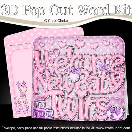 3D New Baby Girl Twins Pop Out Word Card Kit