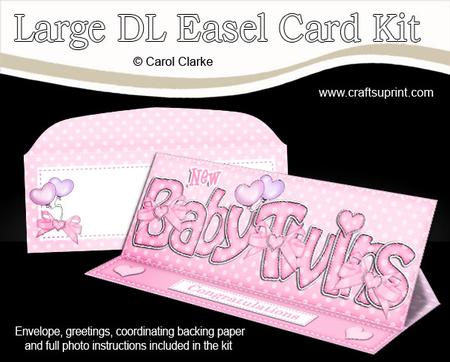 Large Dl New Baby Girl Twins Easel Card Kit N Envelope