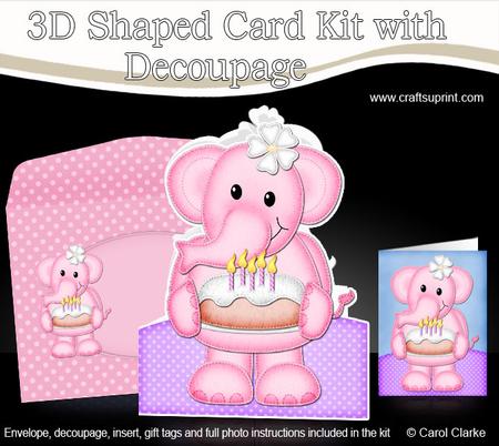 Lola Elephants Birthday Cake - Shaped Card with Decoupage
