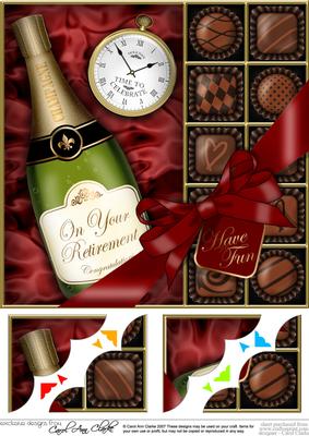8 x 8 Retirement Champers N Chocs Scalloped Corner Topper