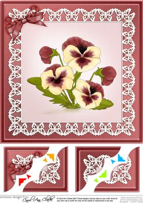 8 x 8 Pansy on Butterfly Lace Scalloped Corner Topper