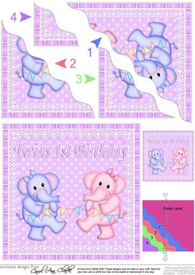 Twins 1st Birthday Elephants Wavy Corner Stacker