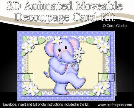 3D Lola Elephant's Flowers Animated Moveable Decoupage Card