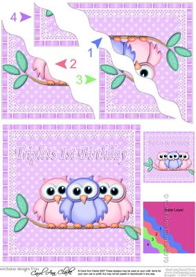 Triplets 1st Birthday Owls Wavy Corner Stacker