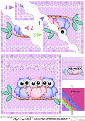 Triplets 1st Birthday Owls Wavy Corner Stacker