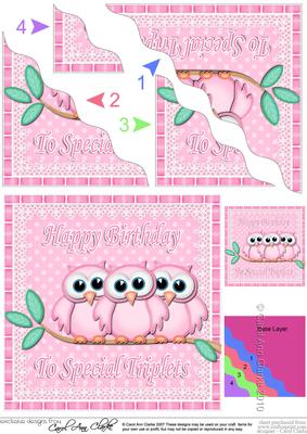 Special Triplets Birthday Owls Wavy Corner Stacker