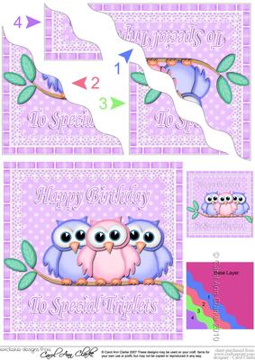 Special Triplets Birthday Owls Wavy Corner Stacker