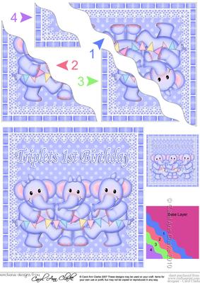 Triplets 1st Birthday Elephants Wavy Corner Stacker