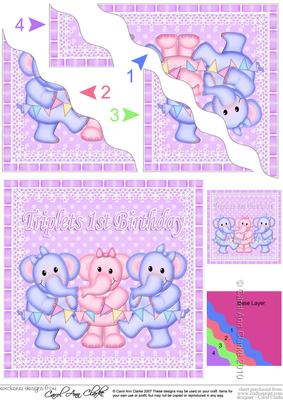 Triplets 1st Birthday Elephants Wavy Corner Stacker