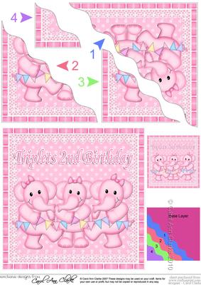 Triplets 2nd Birthday Elephants Wavy Corner Stacker