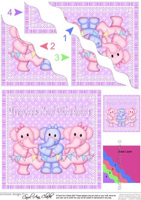 Triplets 2nd Birthday Elephants Wavy Corner Stacker