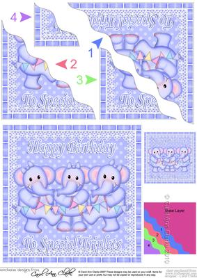 Special Triplets Birthday Elephants Wavy Corner Stacker