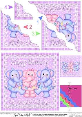 Special Triplets Birthday Elephants Wavy Corner Stacker