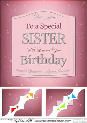 8 x 8 Sister Birthday Champers Label Scalloped Corner Topper